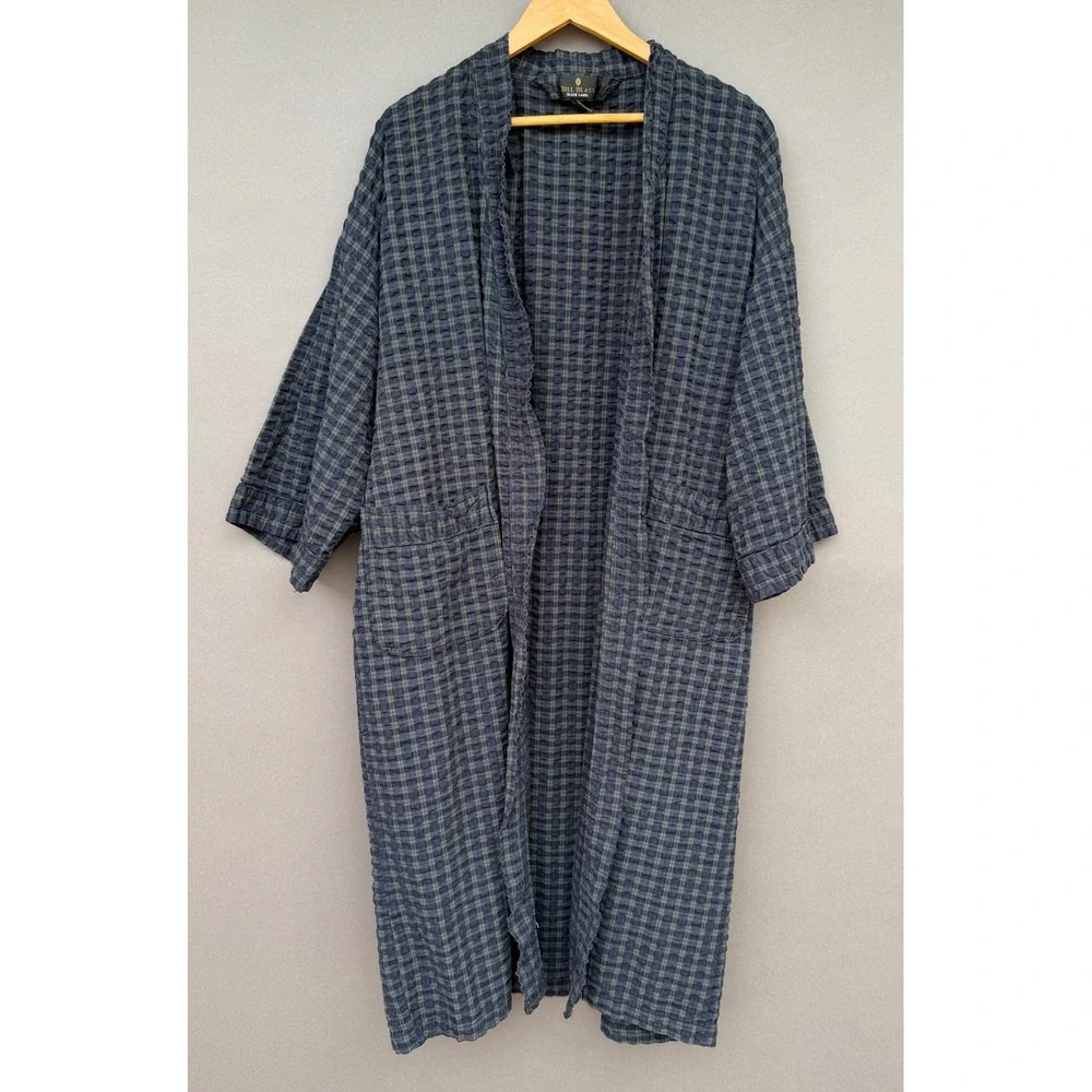 Bill Blass Black Label Men Robe Blue Green Plaid Seersucker Cotton Lounge Wrap